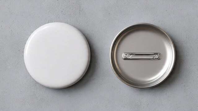 Blank white round pin button badge with glossy front and metallic back featuring safety pin on gray concrete surface, top view, concept for