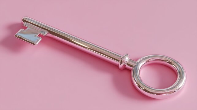 Sleek silver skeleton key lies diagonally on a soft, light pink background