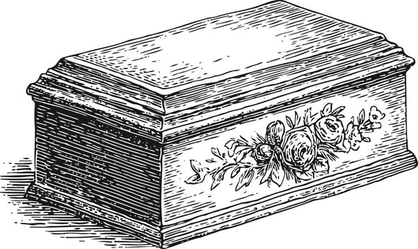 Vintage wooden casket with floral decoration engraved illustration in black and white