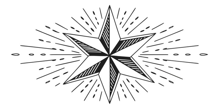 Vintage style hand drawn six pointed star with decorative radial burst lines nautical illustration ornament decoration geometric minimalist navigation branding isolated creative