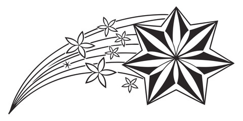 Abstract vector illustration of a shooting star with floral elements and light trails shooting illustration celestial ornament abstract monochrome creative ethereal constellation © Meraj