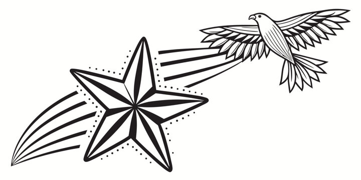 Stylized black and white vector graphic of a soaring eagle bird and a radiant star with illustration monochrome majestic stylized abstract celestial artistic creative contrast movement