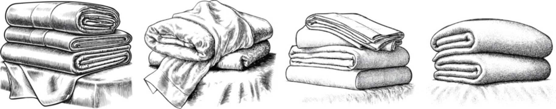 A neatly folded stack of fresh breathable summer linen bed sheets rests atop a mattress, presented in an exquisite black and white engraving style with intricate cross-hatching and stippling for rich
