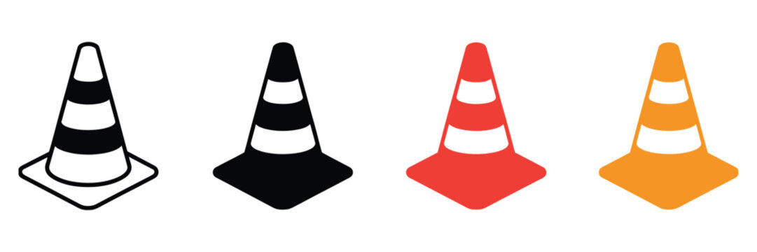 Traffic cone icon set, road cone vector symbols, road divider with cones, roadblock and barrier mark for apps or websites, construction and safety warning