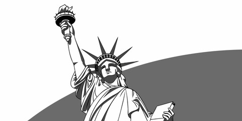Black and white stylized graphic of the statue of liberty raising her torch and holding a book tablet with landmark monument illustration patriotic democracy silhouette historic national © Meraj