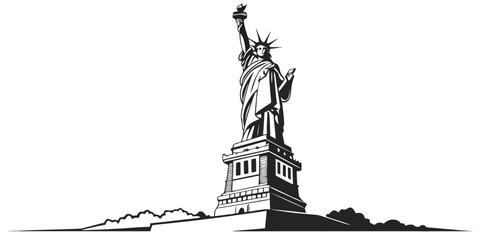 Black and white vector illustration of the full statue of liberty standing on her pedestal base with monument landmark pedestal illustration democracy patriotic isolated silhouette © Meraj