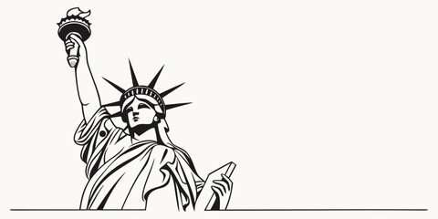Close up statue of liberty portrait vector graphic with black and white line art portrait monument american illustration silhouette national historic sculpture patriotism independence © Meraj