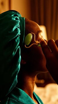 Black woman using jade roller on face in golden morning bedroom light