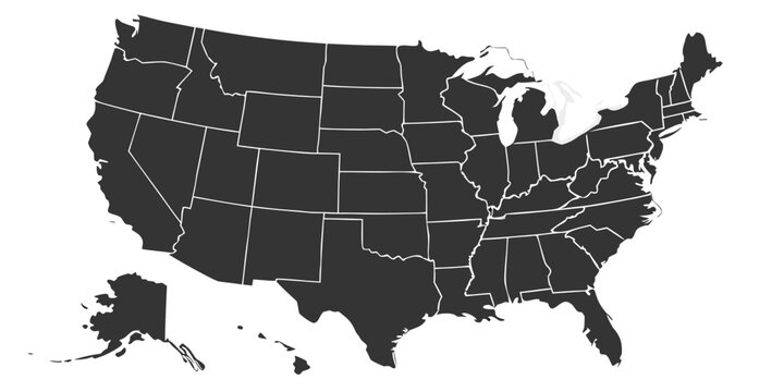 Black and white vector map of the united states including alaska and hawaii state outlines with geography territory cartography illustration continental national boundary isolated