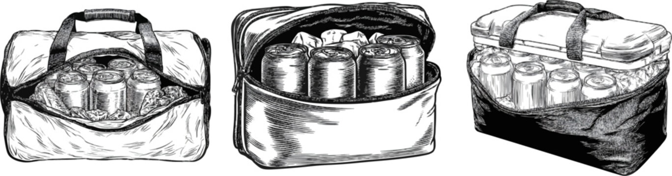 A vintage monochrome line art illustration of an insulated soft-sided travel cooler bag filled with cold aluminum drink cans and ice packs, showcasing intricate cross-hatching and stippling for rich