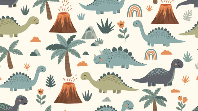 Fun seamless pattern featuring various dinosaur species, active volcanoes, palm trees, and rainbows in soft earth tones for a nursery.