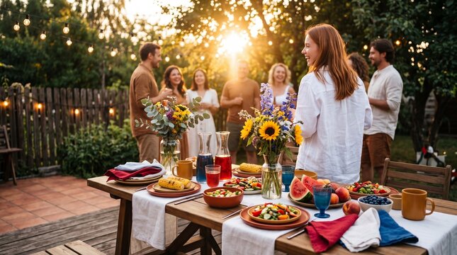 Group of friends enjoying backyard dinner party at sunset. Summer evening social gathering and healthy outdoor meal concept