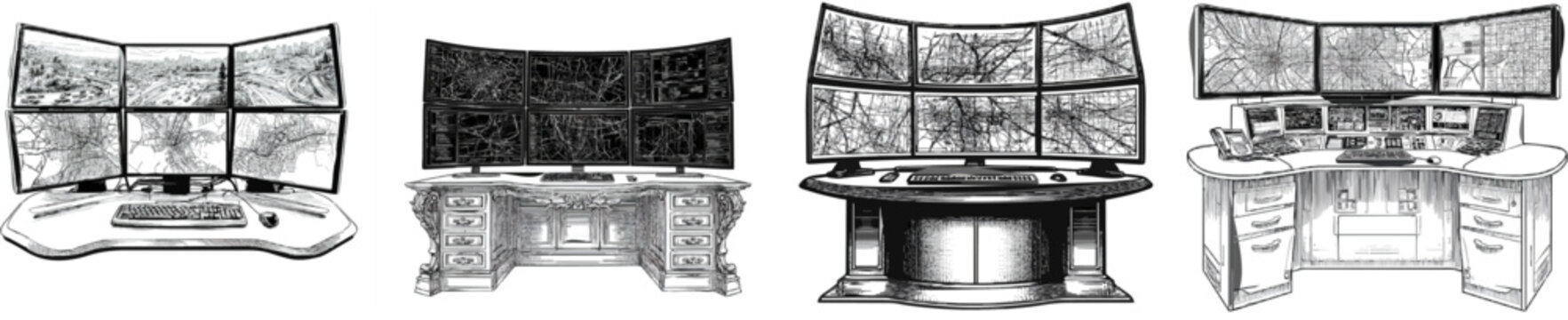 A vintage monochrome line art urban dispatch center desk features six curved monitors displaying detailed city maps and traffic feeds with intricate cross-hatching for rich texture