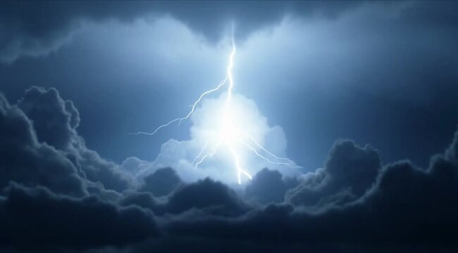 Dramatic lightning strikes through dark stormy sky with thunderclouds 4K Ai HD high quality video.