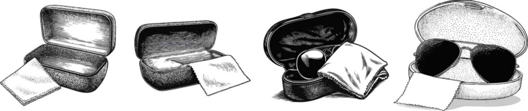 A meticulously detailed vintage-style protective hard-shell sunglasses case with intricate black and white engraving features an open lid revealing a soft microfiber lens cleaning cloth on a pure