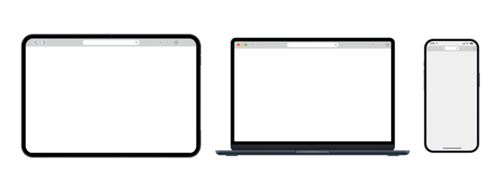Modern Device Mockup Set with Laptop, Tablet and Smartphone, Front View Screens for UI UX Design, App Demo, Responsive Website and Digital Presentation Vector Illustration