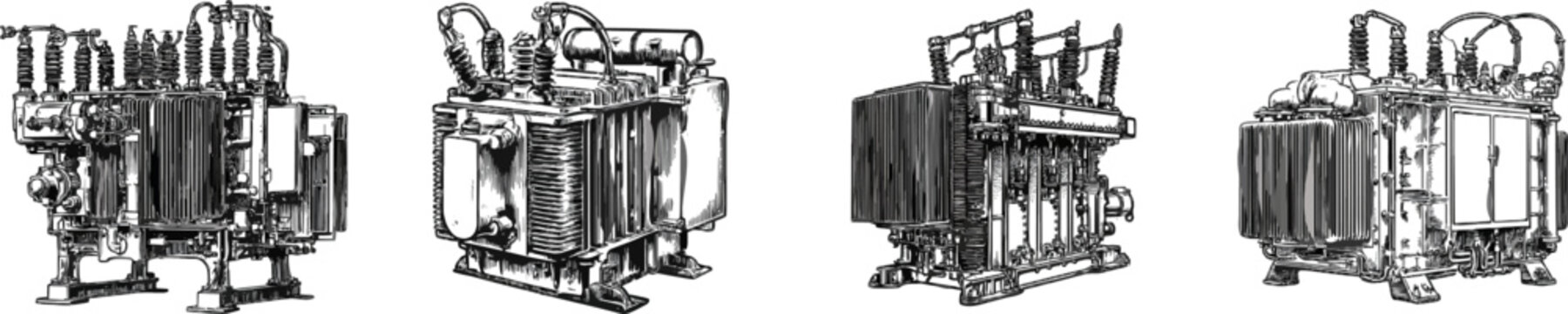 This vintage monochrome line art depiction of a robust smart grid substation transformer unit showcases intricate cross-hatching and stippling for rich texture against a pure white background
