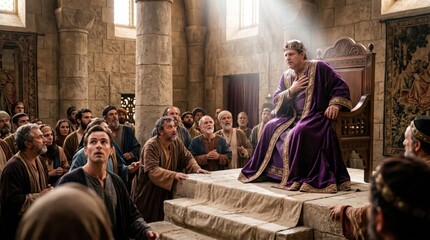 Obraz premium King Herod in purple robe sitting on throne during biblical scene from Acts 12. Crowd of ancient people looking up at monarch in temple. Religious historical drama, divine judgment.