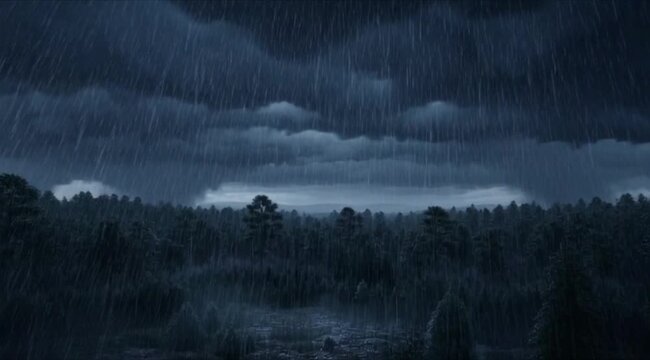 Drama of thunderstorm lightning strikes in rainy forest setting 4K Ai HD high quality video.