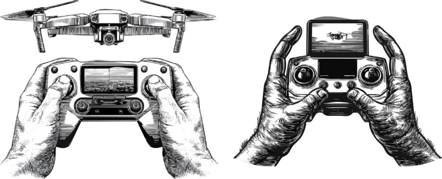 A skilled drone operators hands delicately hold a dual-stick remote controller with a crisp high-resolution live video feed screen, perfectly detailed in vintage monochrome line art style, showcasing