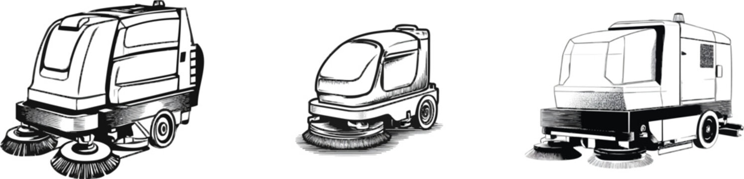 A vintage monochrome line art illustration of an industrial floor scrubber machine meticulously polishing a large warehouses concrete floor with intricate cross-hatching and stippling for rich texture