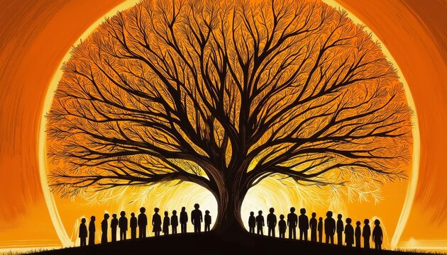 Silhouette of Unity: People Gathering Under a Tree for Panchayati Raj Day