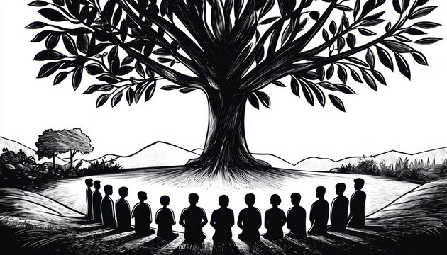 Silhouette of Unity: People Gathering Under a Tree for Panchayati Raj Day
