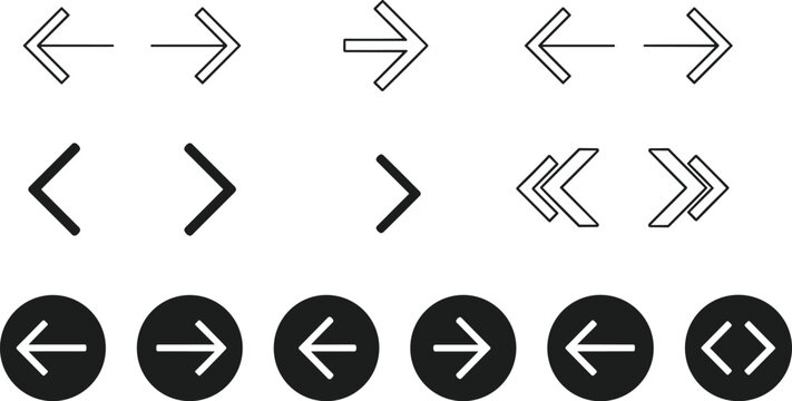 Arrow icons outline silhouette circular design, left right navigation symbols, user interface graphic set, direction pointer signs, flat vector illustration