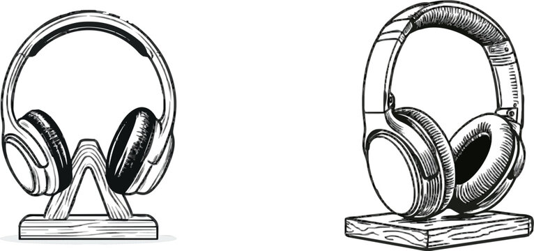 A meticulously detailed black and white engraving of over-ear headphones rests atop an intricately designed wooden stand, exuding a vintage monochrome elegance with precise lines and rich texture