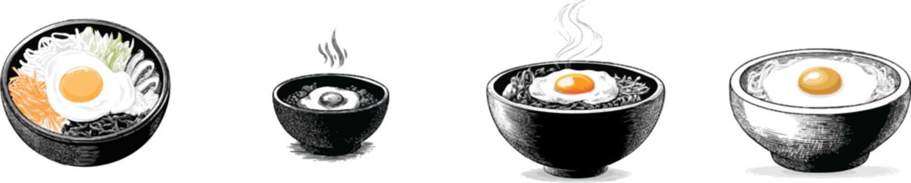 A meticulously detailed black and white engraving of a traditional Korean bibimbap bowl with a perfectly sunny-side-up egg sits atop an intricately cross-hatched and stippled surface, isolated