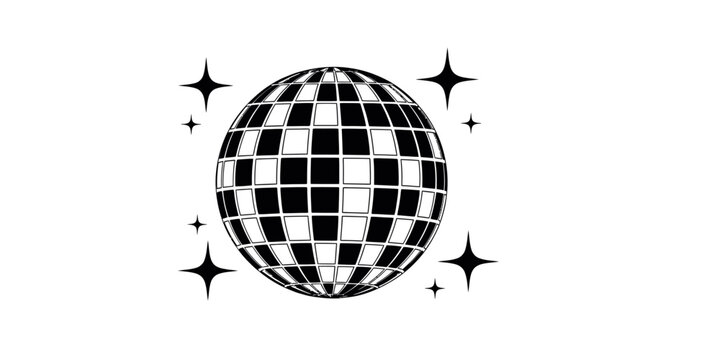 Black and white sketch of a disco ball with sparkling stars