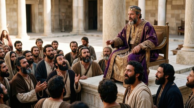 King Herod in royal robe sitting on throne addressing crowd in ancient city. Biblical scene from Acts 12 where ruler speaks to subjects who exalt him as god. Historical drama concept.