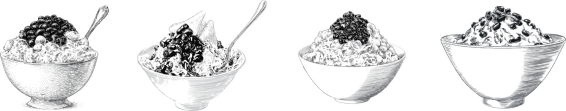 A vintage monochrome line art illustration of Patbingsu shaved ice dessert with sweet red beans and rice cakes, highly detailed in black and white engraving style