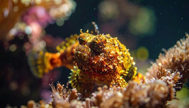 Close-up of a camouflaged scorpionfish nestled among vibrant coral reefs.