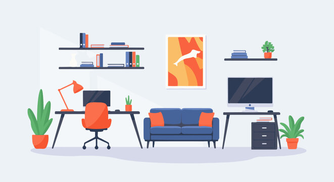 A modern, minimalist home office setup with a blue sofa and two desks