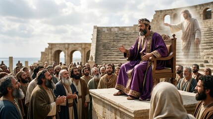 Naklejka premium King Herod in royal robe sitting on throne addressing crowd in ancient city at amphitheater. Biblical scene of Acts 12 from New Testament. Divine judgment theme and religion concept.