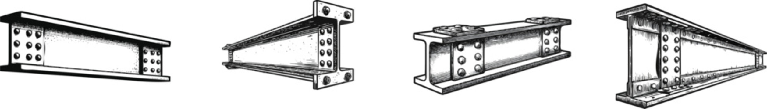 A meticulously detailed black-and-white I-beam illustration showcases intricate cross-hatching and stippling for texture, isolated on a pristine white background