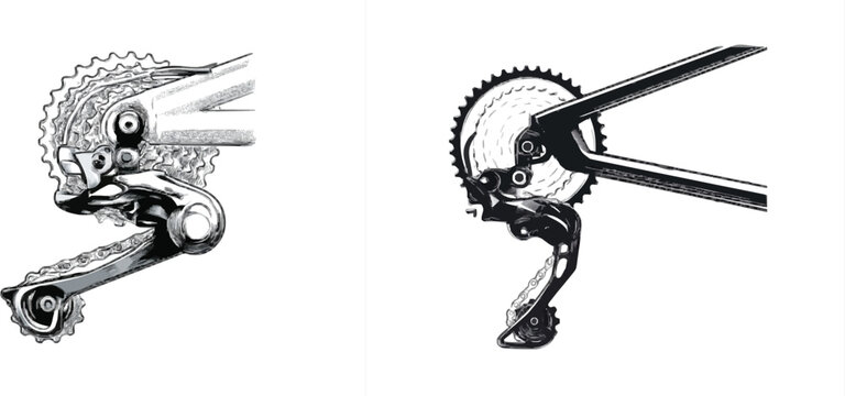 A highly detailed black and white engraving-style illustration of a modern bicycle derailleur gear mechanism shifts the chain across a rear cassette, with intricate cross-hatching and stippling for