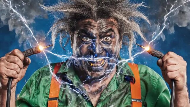 Man with electric sparks on face emphasizing modern aesthetics and minimalist design