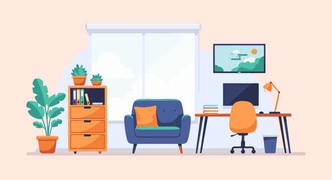 A vibrant, cozy home office or study space with a desk, chair, plants, and a comfortable armchair