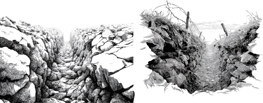 A monochrome engraving of a trench showcases intricate cross-hatching and stippling for texture, rendered in high-resolution on a pure white background