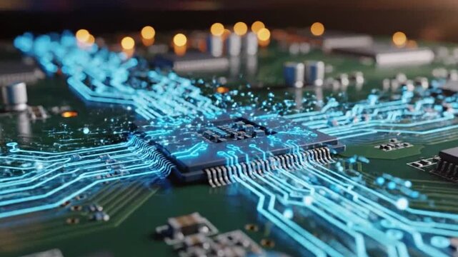 Closeup of a glowing circuit board symbolizing digital transformation and future innovation