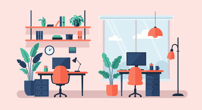 Flat design illustration of a cozy, organized home office or co-working space with two desks