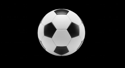 Fototapeta premium A classic black and white soccer ball with a traditional pentagon and hexagon panel pattern, isolated against a solid black background