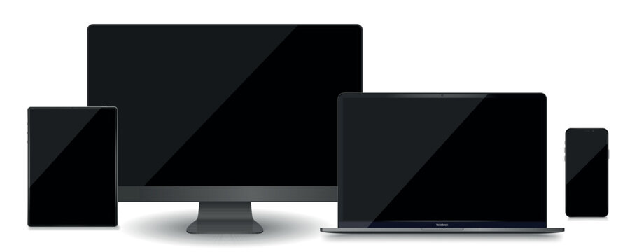 Modern computer, laptop, tablet, smartphone mockup front view, notebook mockup and phone