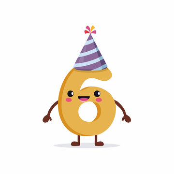 Cute Number 6 Character Wearing a Party Hat