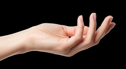 Fototapeta premium A close-up of a human hand with palm facing upward, fingers slightly curled, isolated against a solid black background
