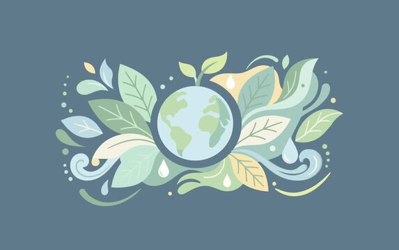 Animated Eco Friendly Illustration with Earth Globe, Green Leaves, and Water Drops in Pastel Colors