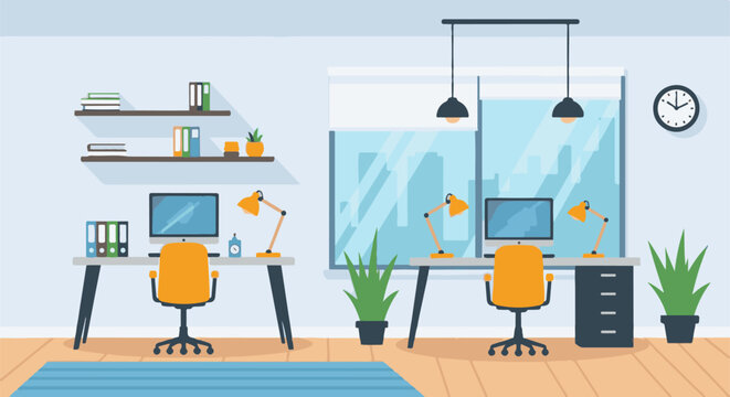 Flat design illustration of a vibrant, modern office interior with two workstations, computers, plants, and city view