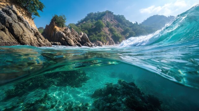 Split-level view of a tropical cove.  Ocean waves crash on a rocky shore, while clear turquoise water reveals coral reefs beneath. Lush greenery and hills rise behind